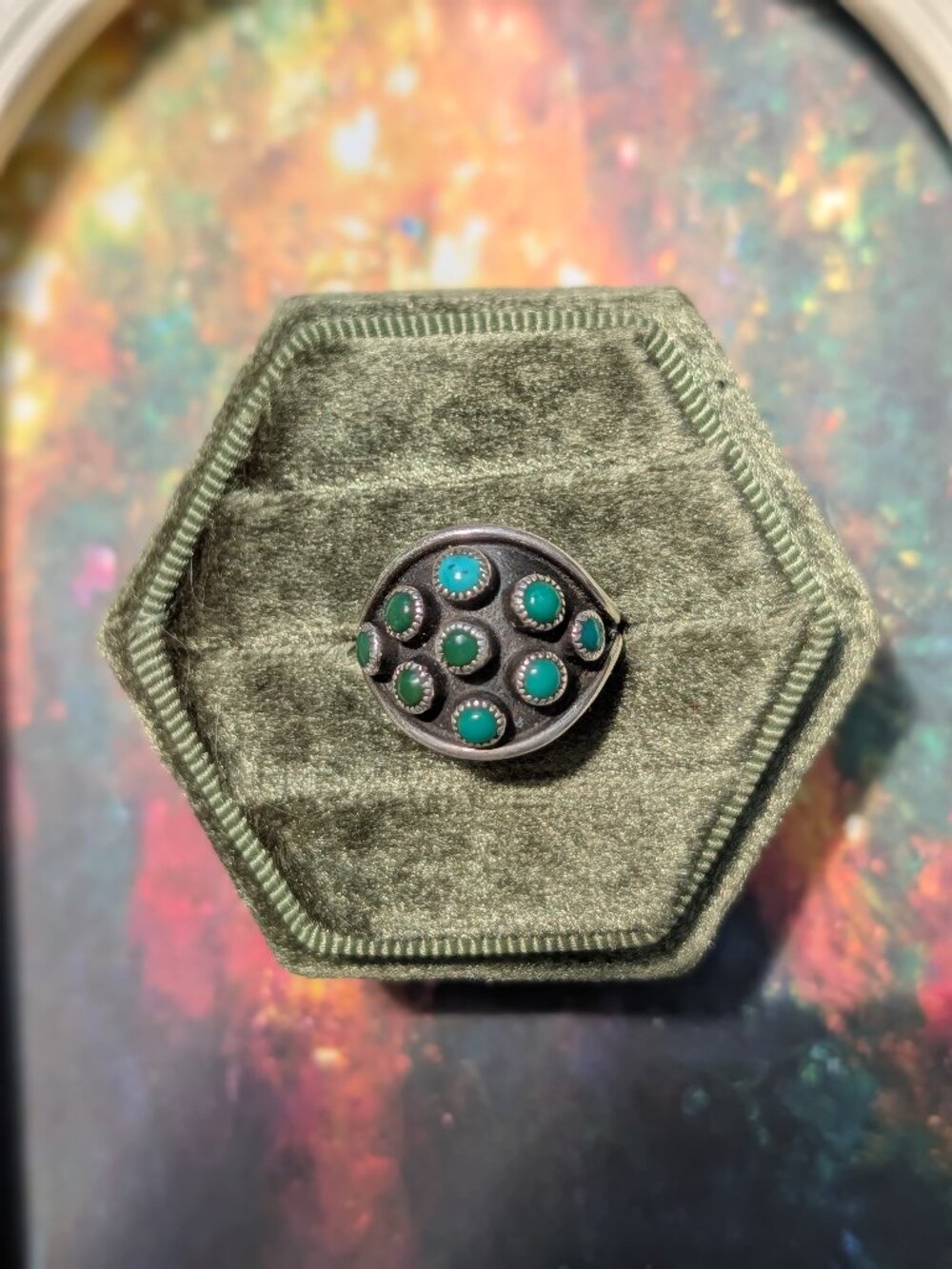 Vintage Native American Green Turquoise Snake Eyes Domed Sterling Silver Ring